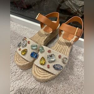 TORY BURCH CRYSTAL PLATFORM LEATHER ESPADRILLE SANDALS